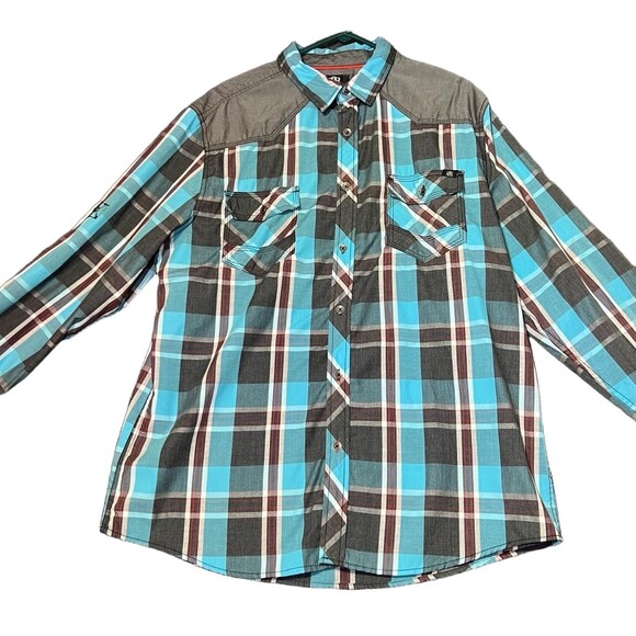 Rock & Republic Mens Size XL Plaid Button Down Shirt Blue Grey Western Yoke - Picture 2 of 14